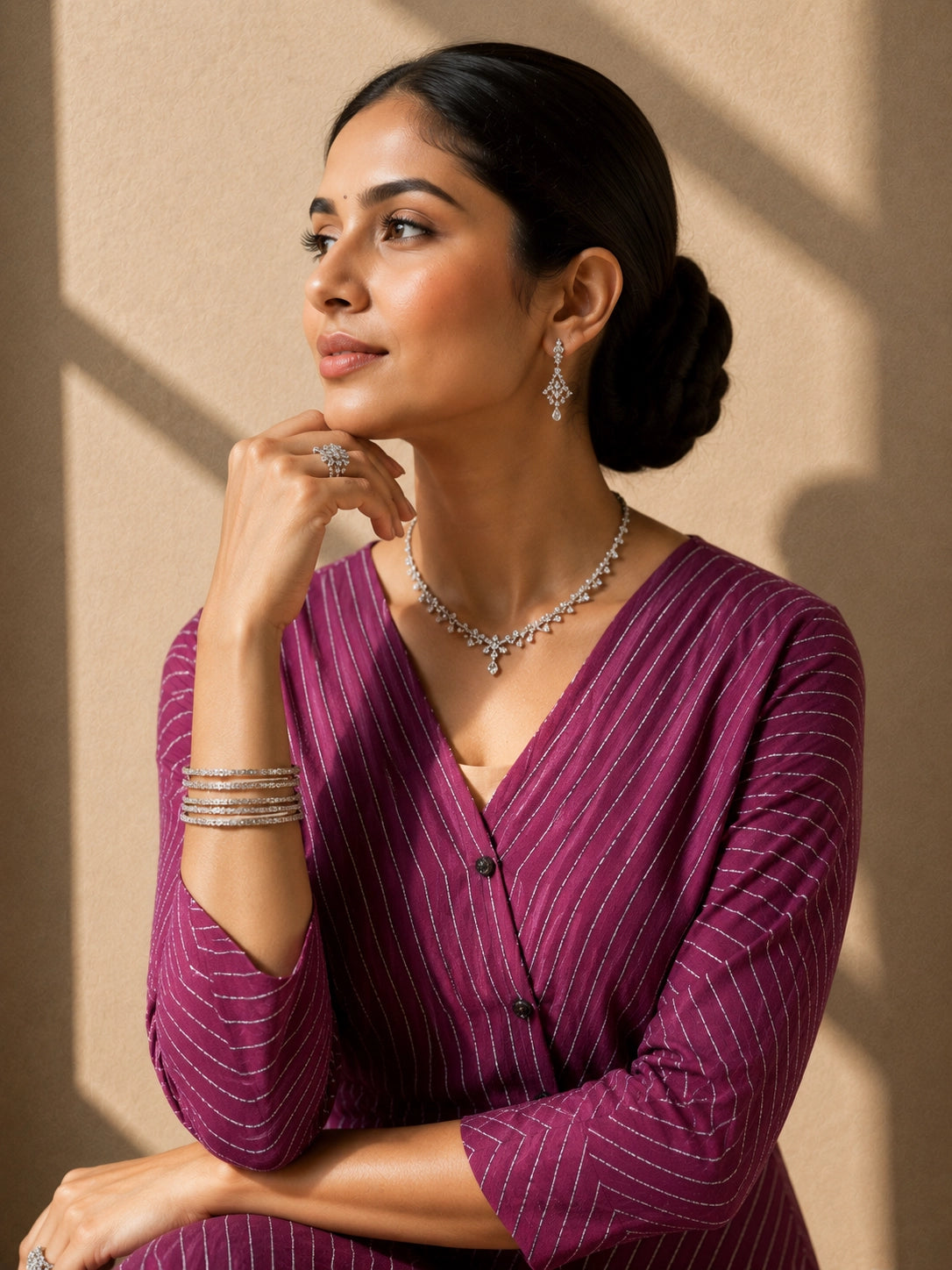Woman wearing a purple striped V-neck top with layered hem and matching wide-leg pants.