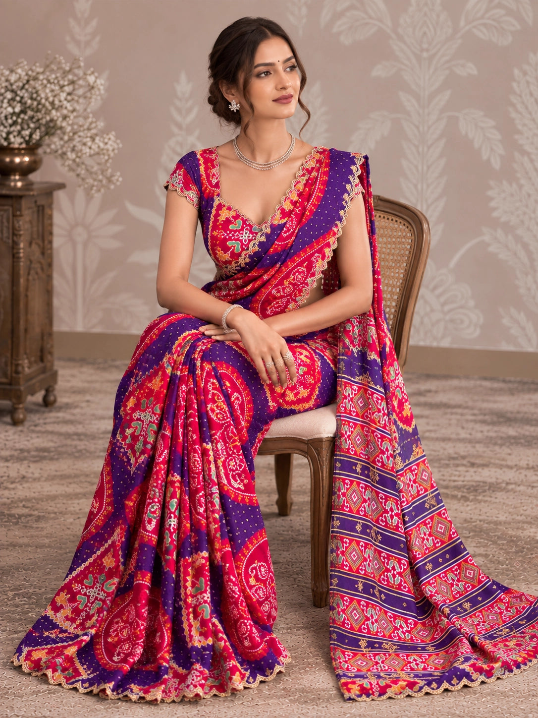 Woman in vibrant purple and pink printed saree with intricate patterns and scalloped border.