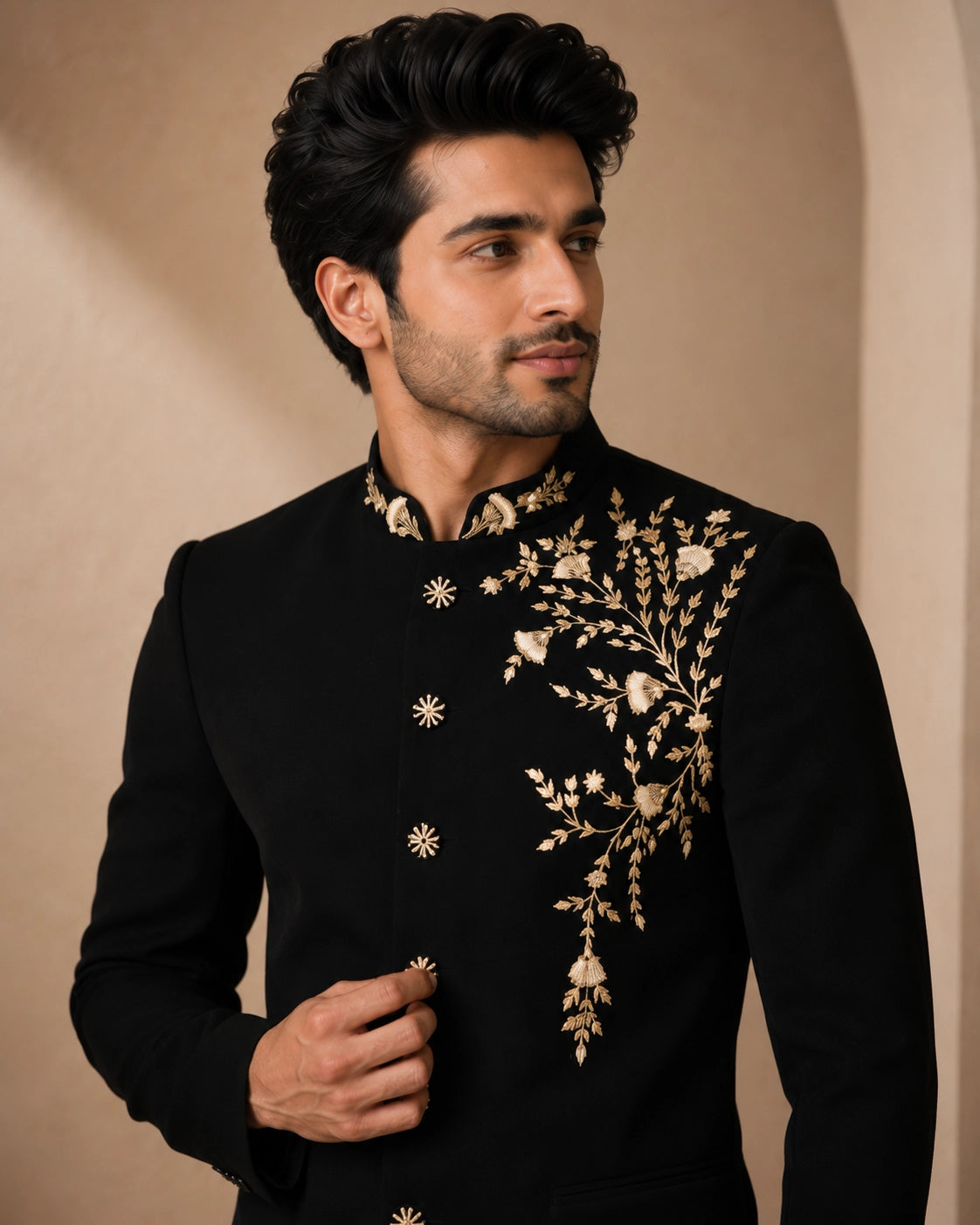 Man wearing a classic black Jodhpuri suit, a traditional Indian formal outfit.