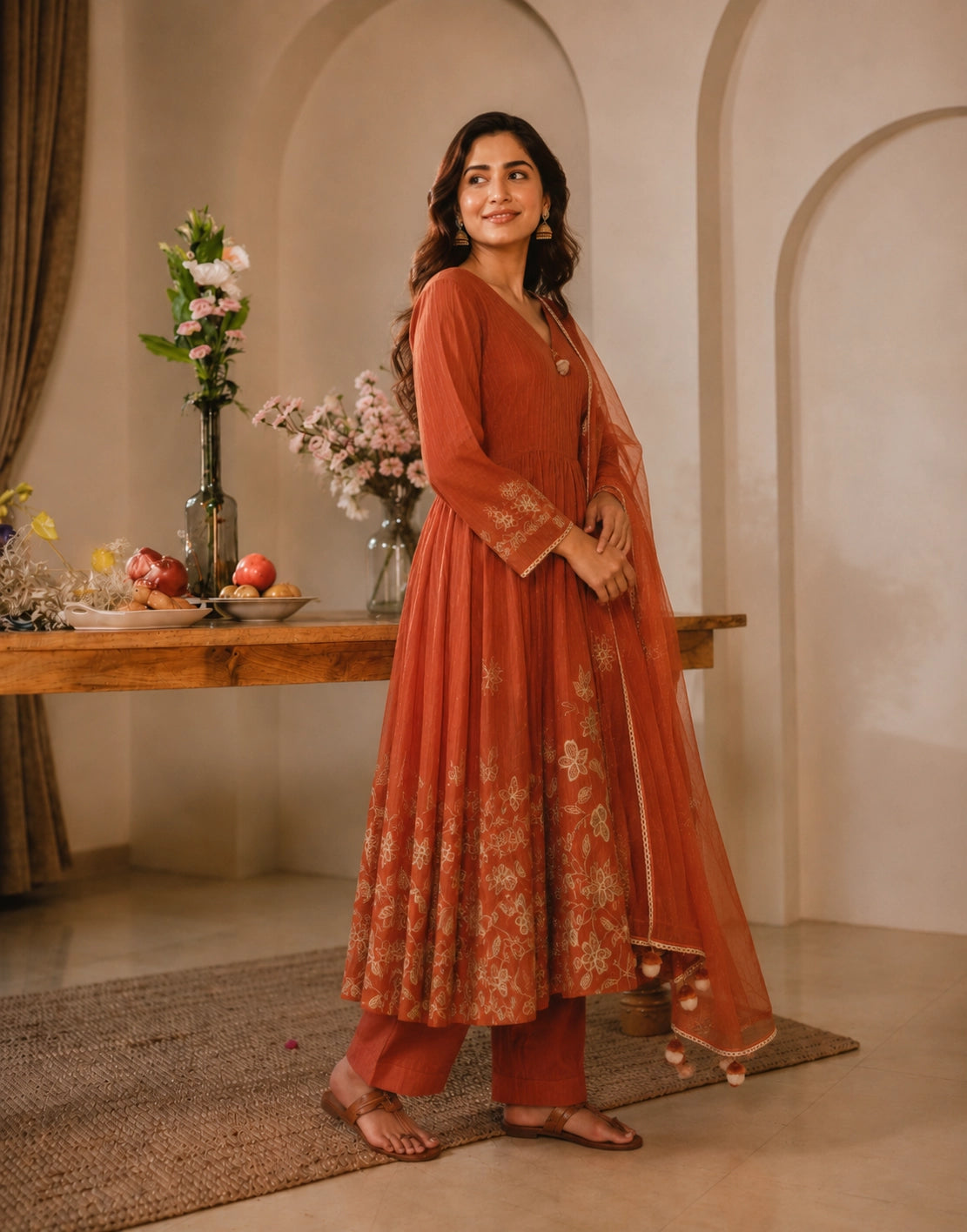 Woman smiling in a rust embroidered Anarkali kurti set with matching dupatta.