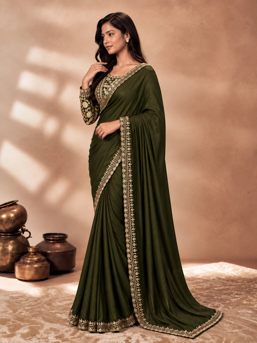 Woman in a flowing mehndi green saree with intricate gold embroidery on blouse and border.