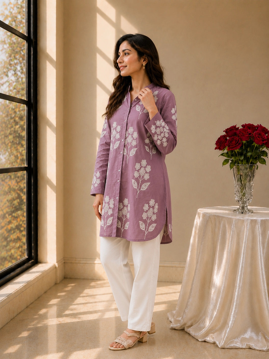 Smiling woman in a purple tunic with white floral embroidery and white pants.