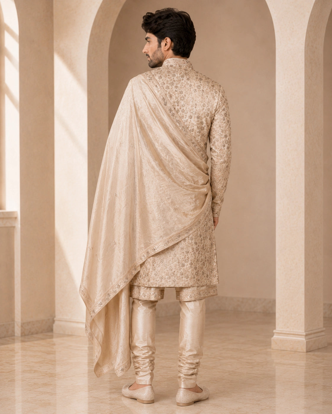 Elegant rose pink embroidered sherwani for men, perfect for weddings and festive occasions.