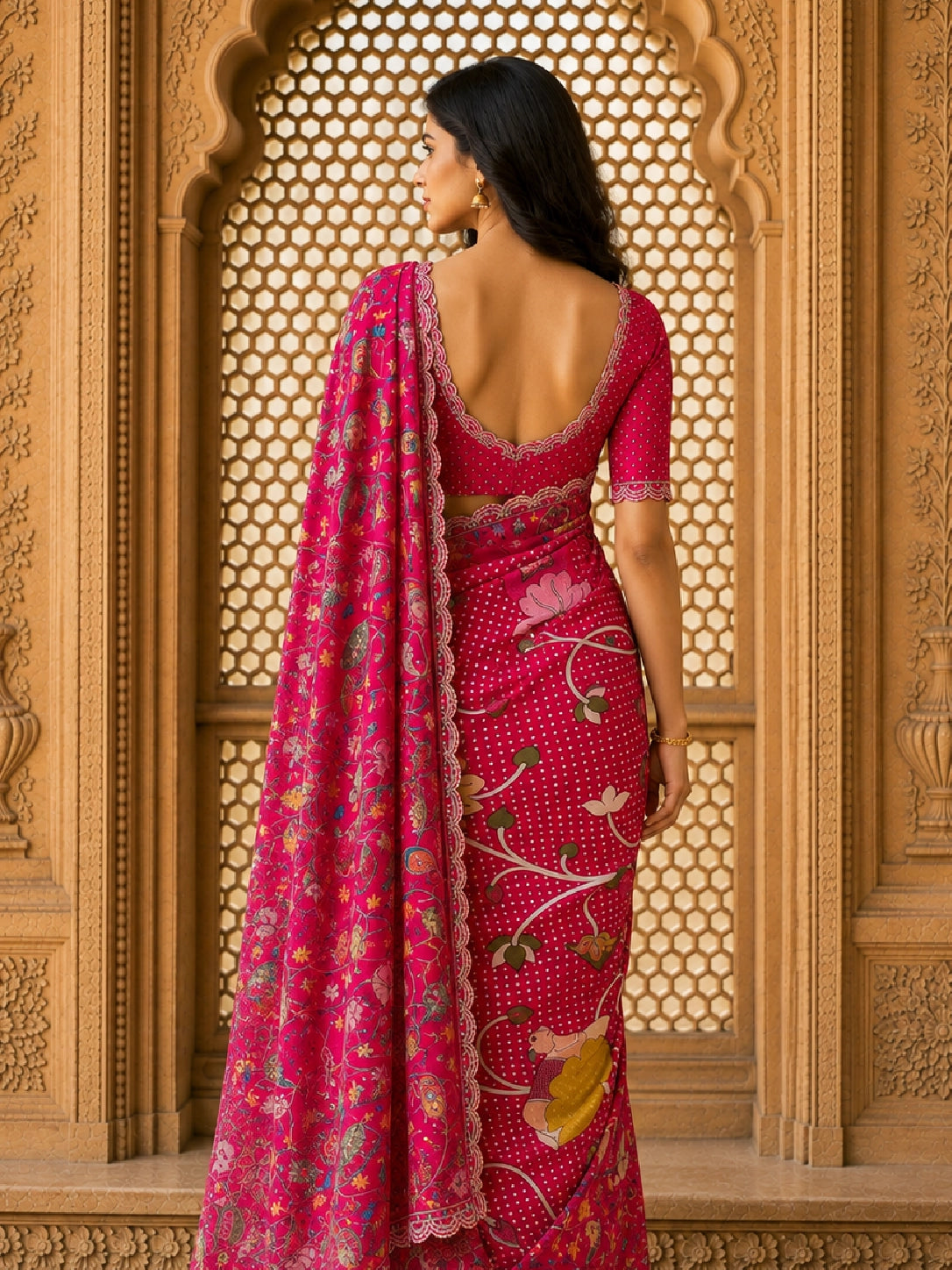 Woman in a vibrant rani pink floral saree with intricate patterns and scalloped border.