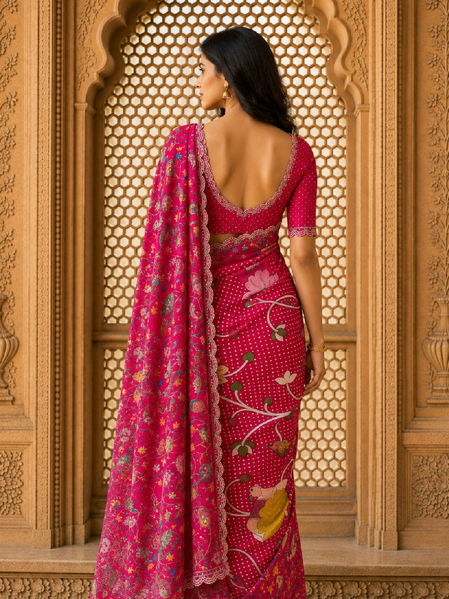 Woman in a vibrant rani pink floral saree with intricate patterns and scalloped border.