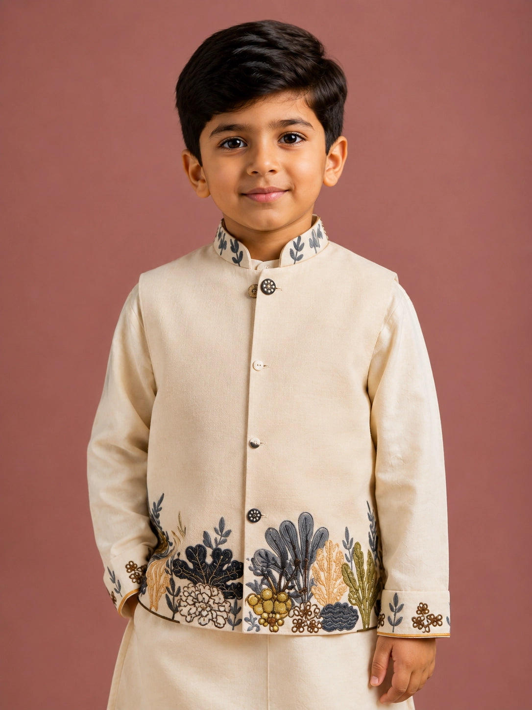 Young boy in a cream embroidered kurta and jacket set, sitting elegantly.