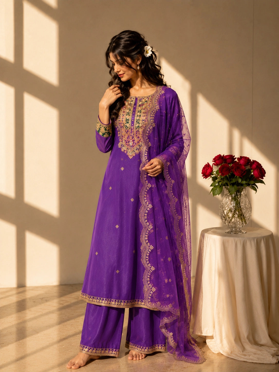 Elegant purple RM palazzo suit featuring detailed gold embroidery and a sheer scalloped dupatta.
