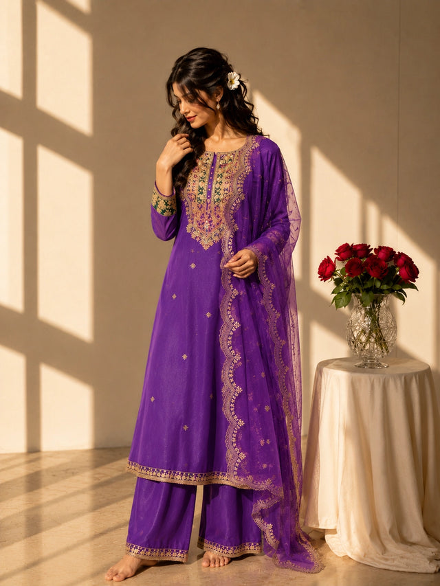 Elegant purple RM palazzo suit featuring detailed gold embroidery and a sheer scalloped dupatta.