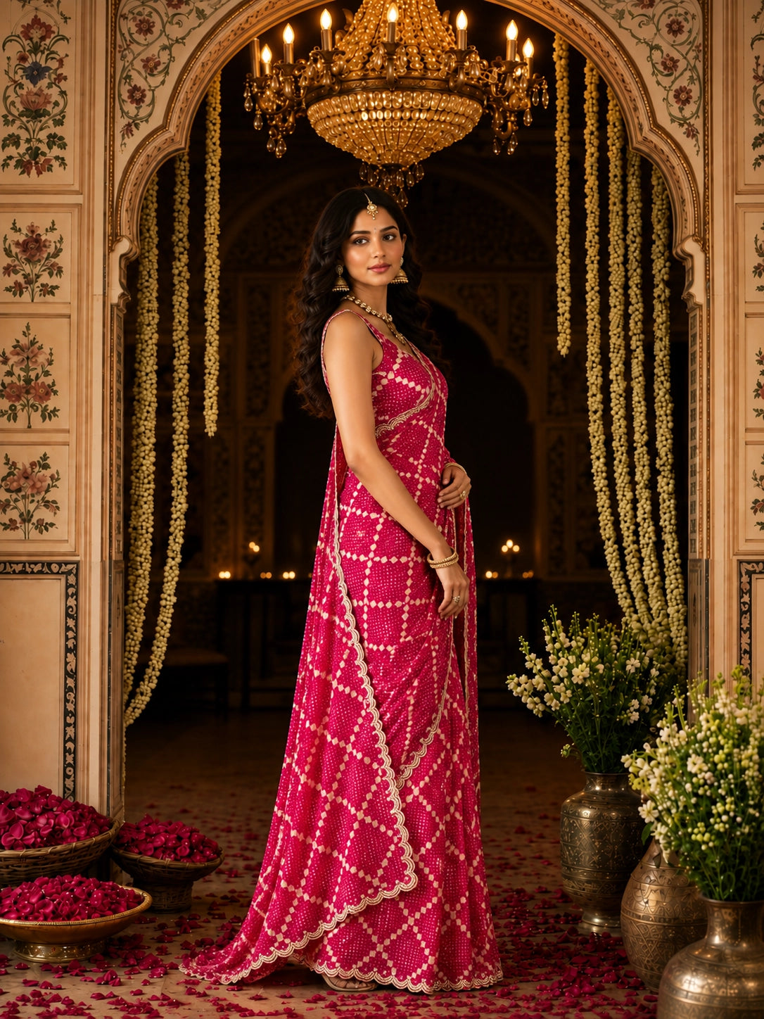 Woman in a vibrant RANI  bandhani saree with a delicate scalloped border.
