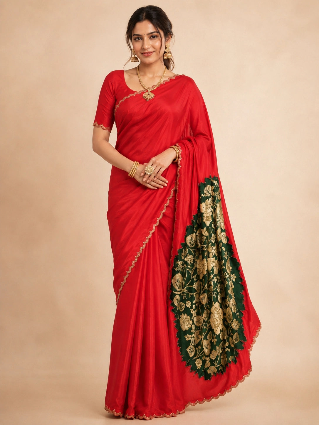 Woman wearing a vibrant red saree with a gold scalloped border and traditional jewelry.