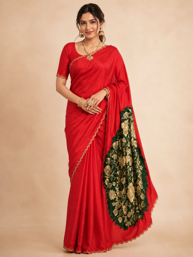 Woman wearing a vibrant red saree with a gold scalloped border and traditional jewelry.