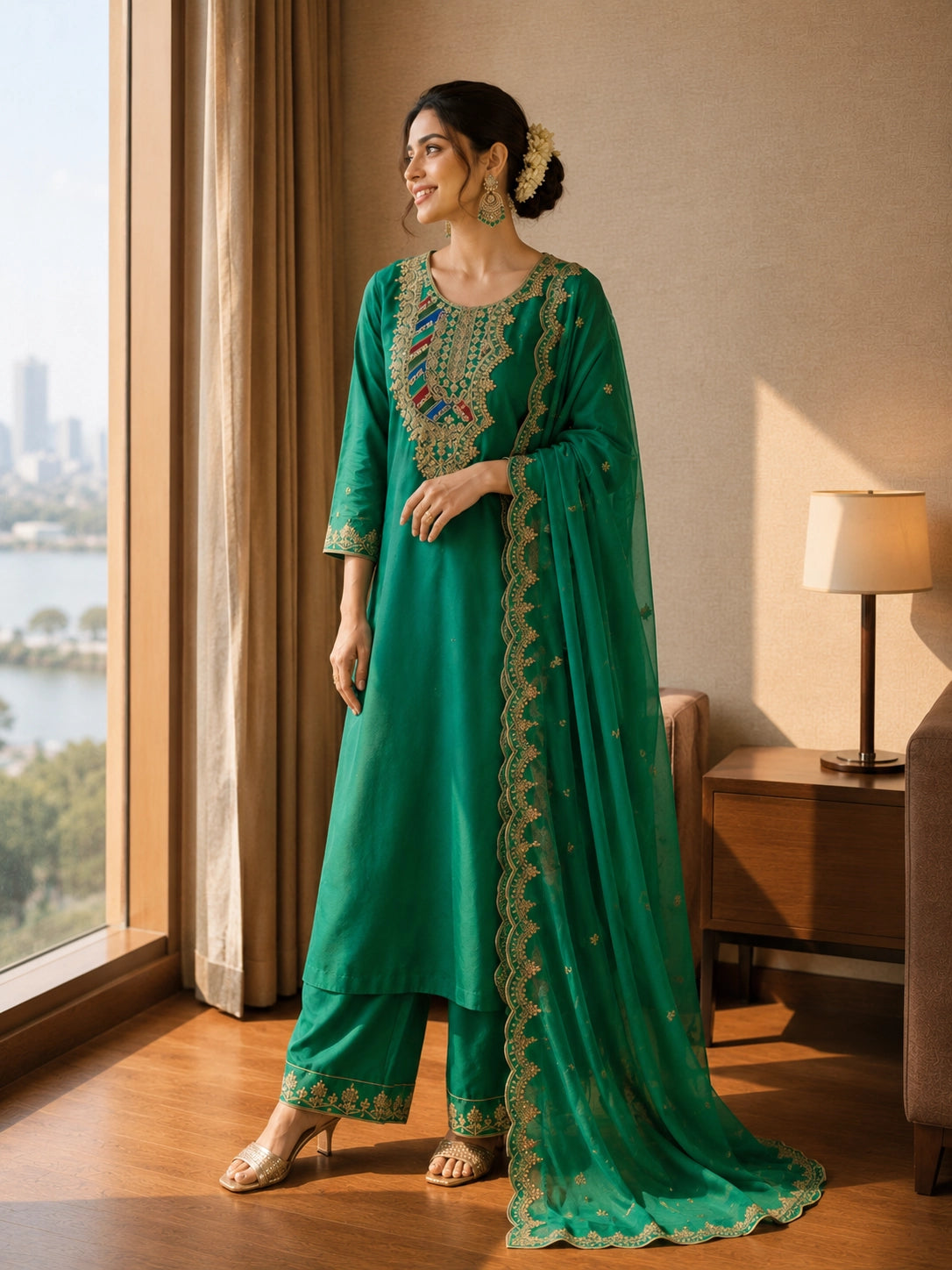 Woman in an emerald green ethnic suit with intricate gold embroidery and matching dupatta.