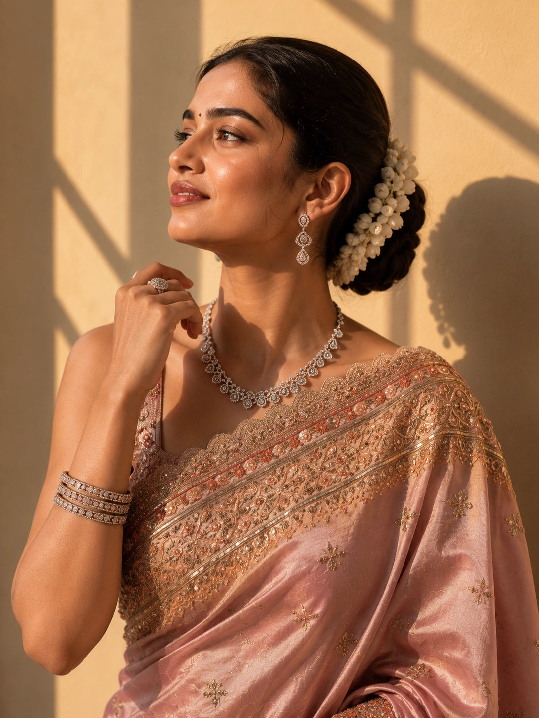 Woman elegantly draped in a shimmering onion pink saree with intricate gold embroidery.