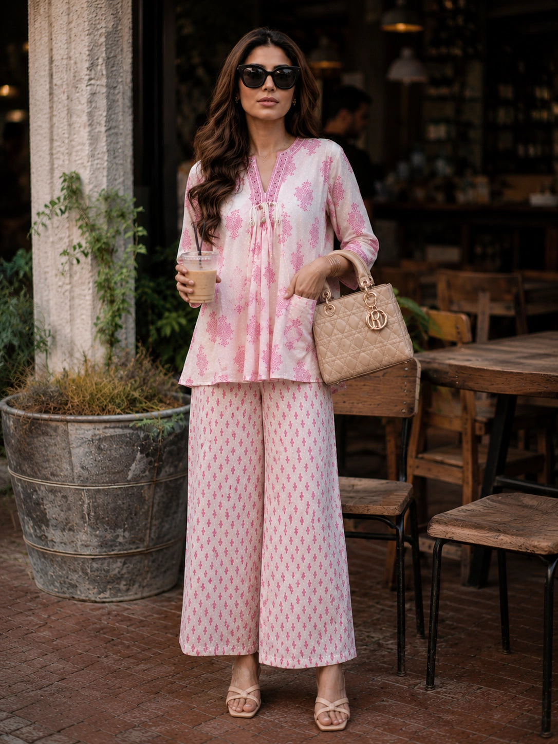 Woman wearing a pink floral print cotton kurta and matching pants, sitting at a table.