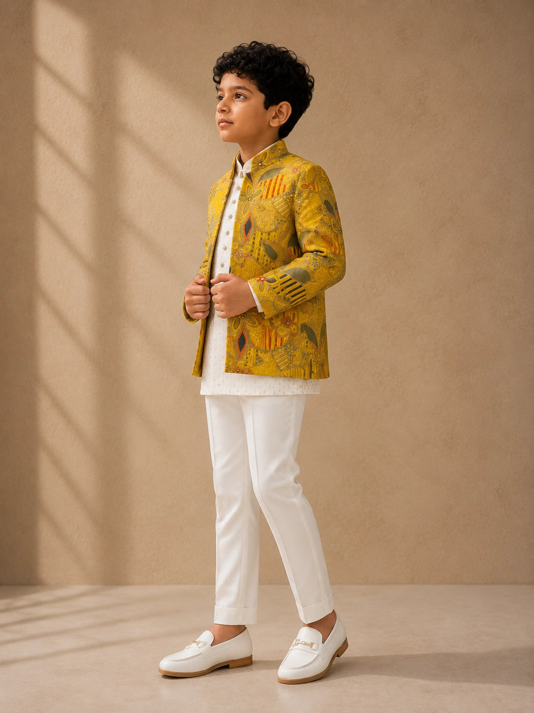 Young boy wearing a mustard patterned bandhgala jacket, off-white kurta, and white trousers.