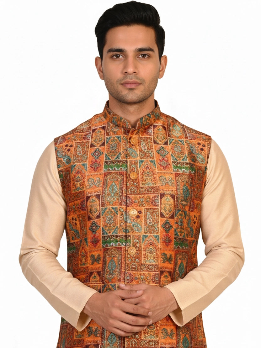Man wearing a multi-color ethnic Nehru jacket over a cream kurta and pants, suitable for festive occasions.