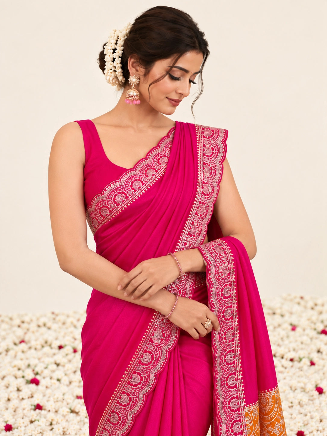 Woman in a vibrant RANI  saree with gold border, sitting among white flowers.