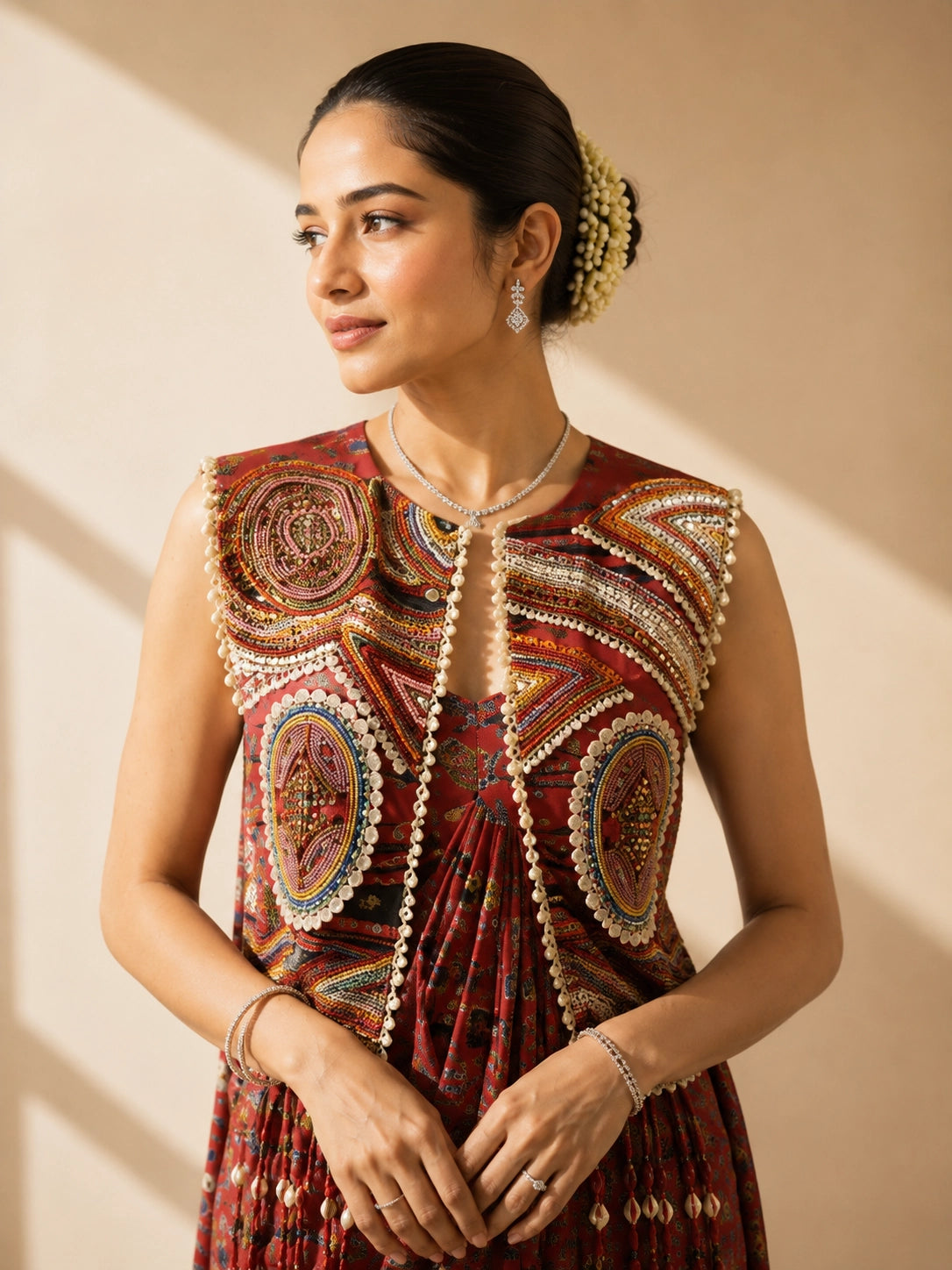 Woman wearing a red printed draped saree and an intricately embroidered sleeveless jacket.