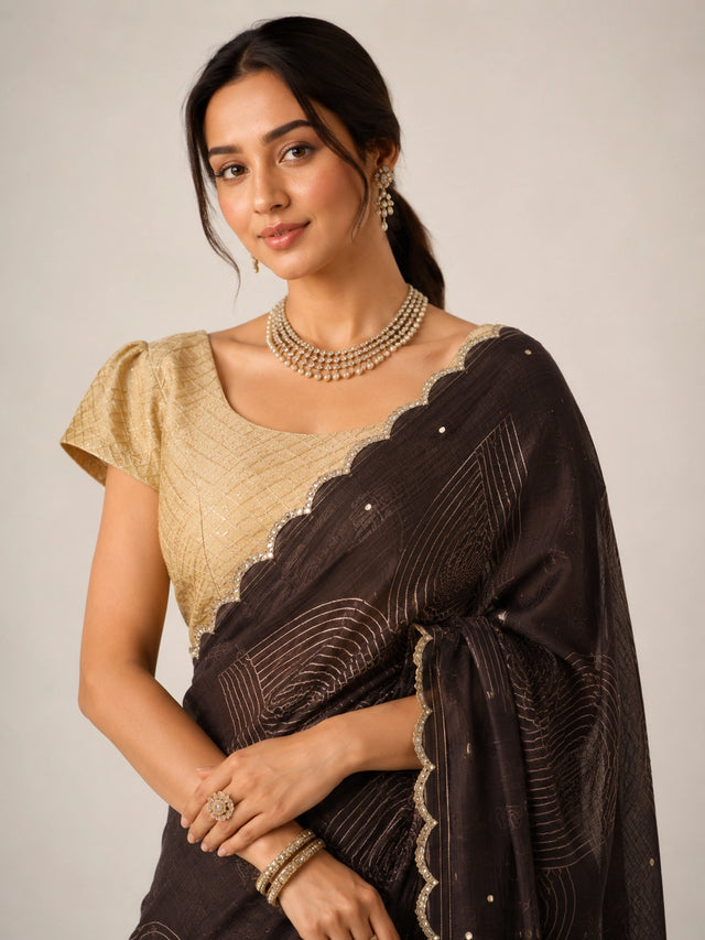 Woman in elegant brown saree with geometric patterns, scalloped border, and golden blouse.