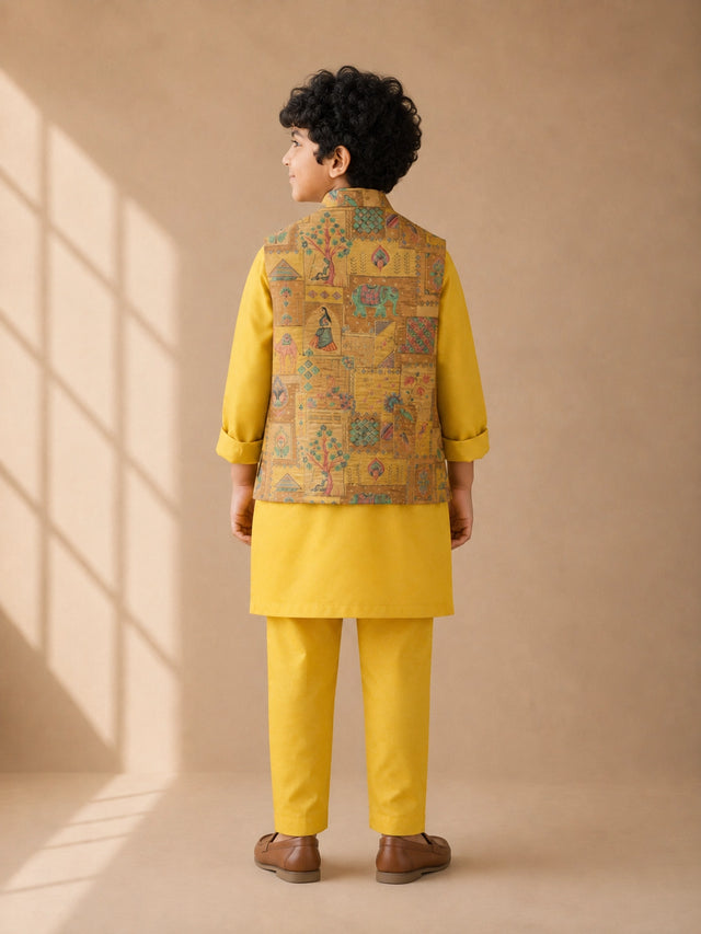 Young boy wearing a vibrant yellow kurta pajama and a colorful patterned Nehru jacket.