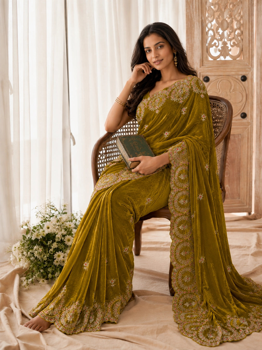 Woman wearing an elegant mustard velvet  saree with intricate embroidery.