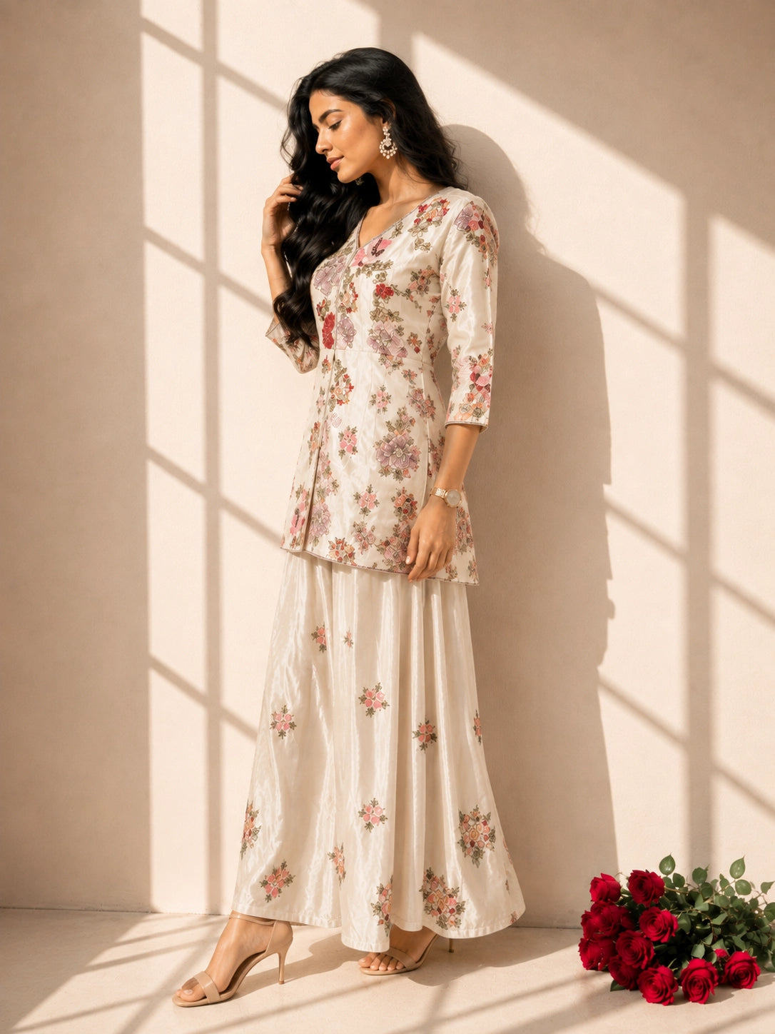 Woman in elegant cream floral embroidered kurti set with sharara and dupatta.