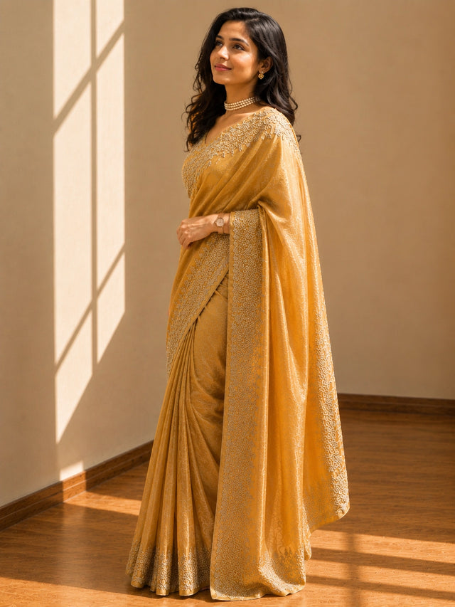 Beautiful woman wearing a luxurious mustard S3 saree with delicate gold embroidery.