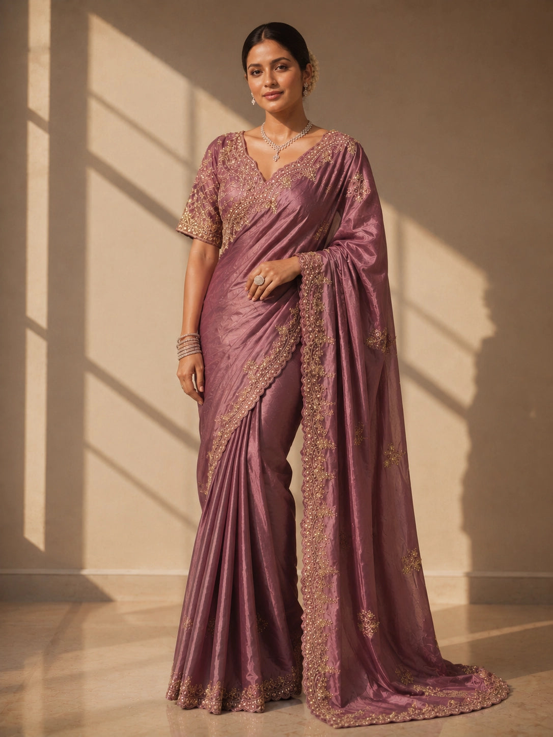 Woman in an elegant onion silk saree with intricate gold embroidery.