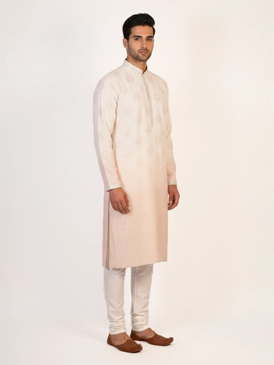 Man wearing a multi-color embroidered kurta and white pants, traditional Indian ethnic wear.