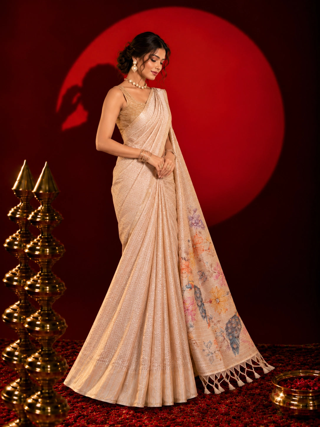 Woman in an elegant beige saree with floral and peacock pallu design.