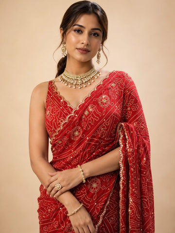 Woman in a vibrant red Bandhani saree with gold patterns and a matching blouse.