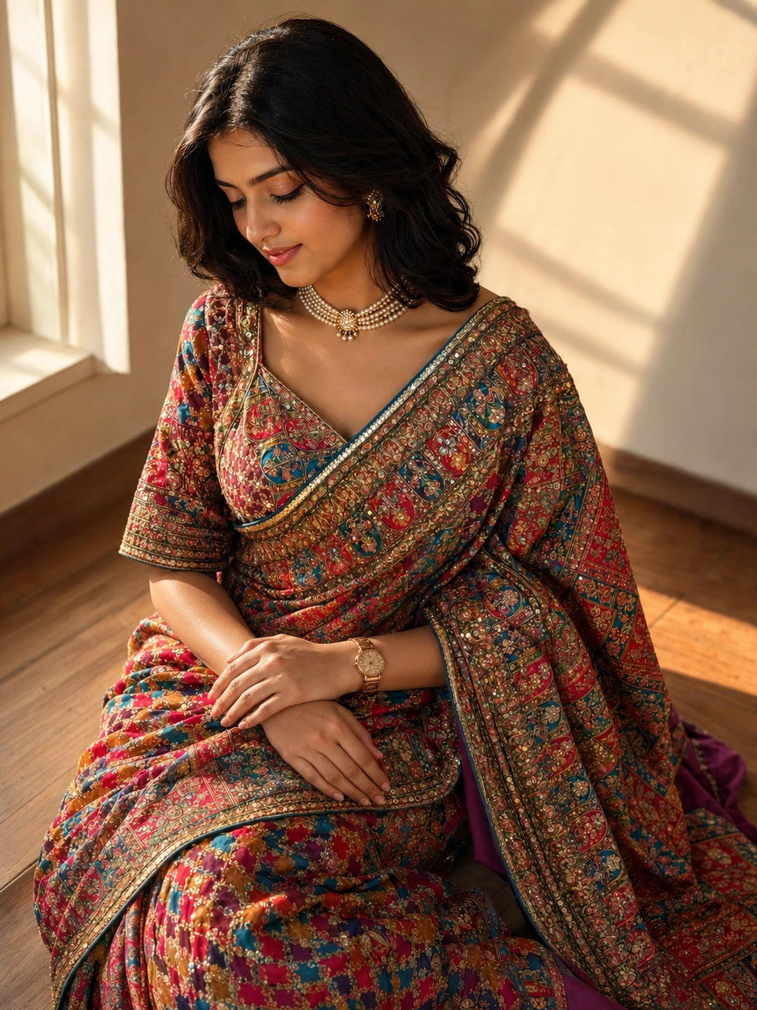 Woman in a luxurious purple S3 embroidered saree with intricate floral patterns.