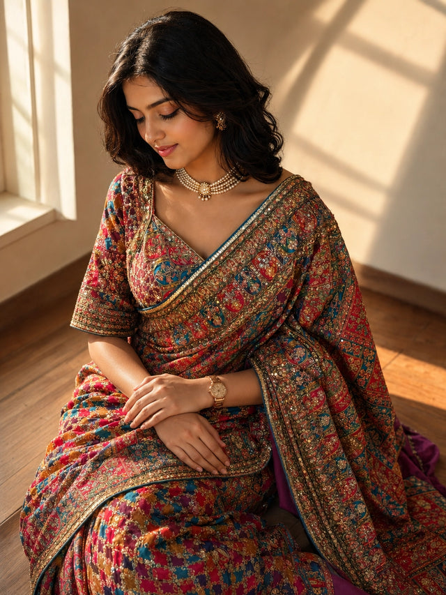 Woman in a luxurious purple S3 embroidered saree with intricate floral patterns.