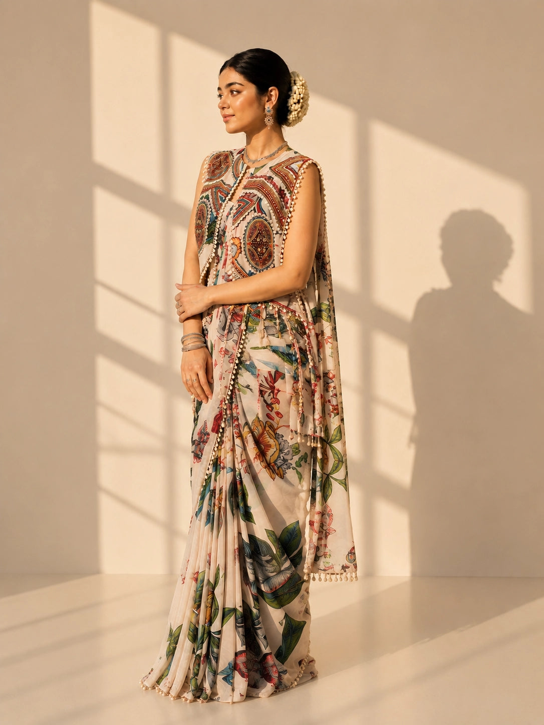 Woman in a cream floral draped saree with a sleeveless, embellished ethnic print jacket.