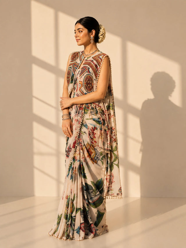 Woman in a cream floral draped saree with a sleeveless, embellished ethnic print jacket.