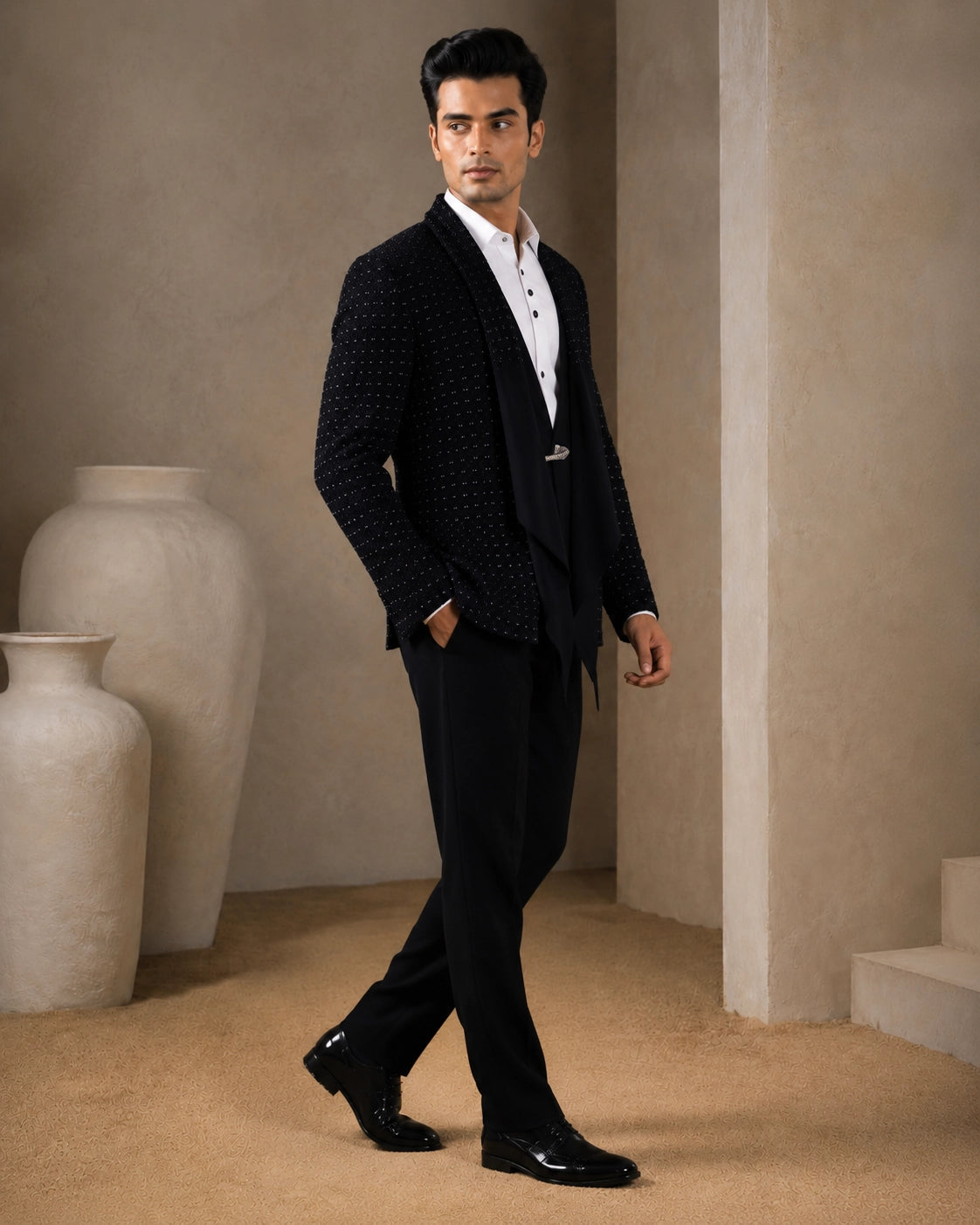 A classic navy taxido suit, perfect for formal events and special occasions.