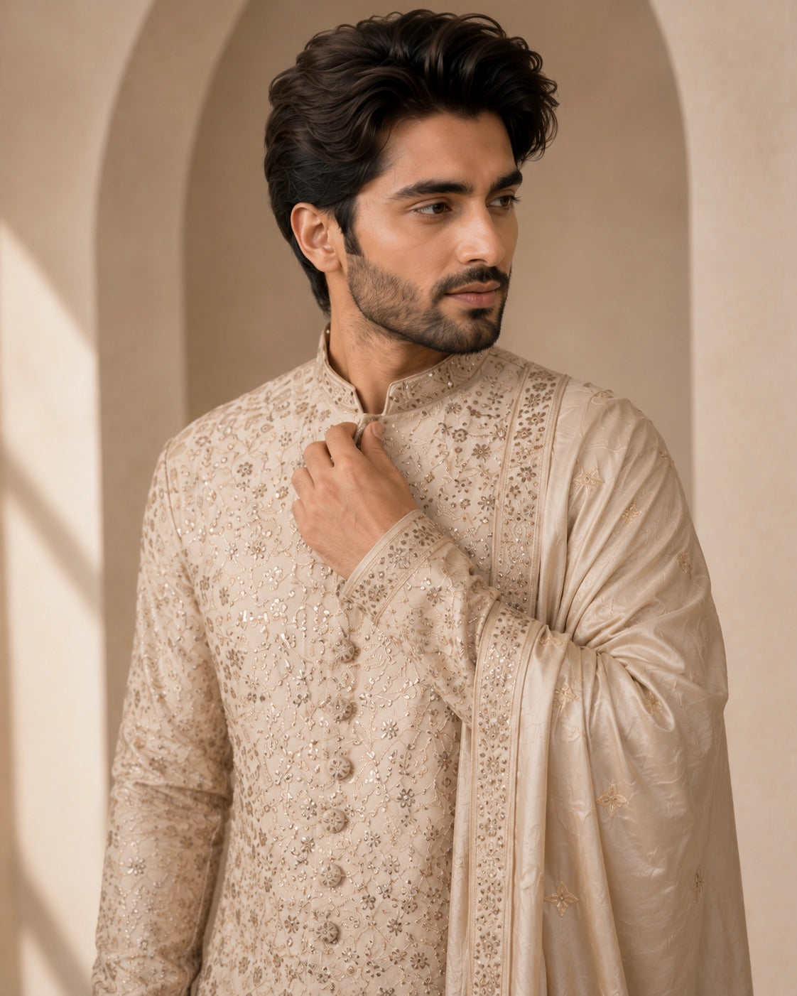 Elegant rose pink embroidered sherwani for men, perfect for weddings and festive occasions.