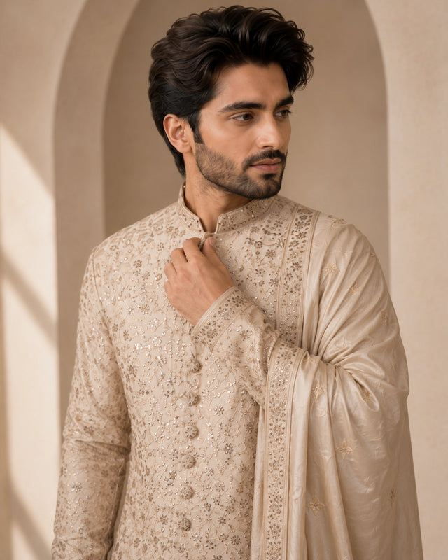 Elegant rose pink embroidered sherwani for men, perfect for weddings and festive occasions.