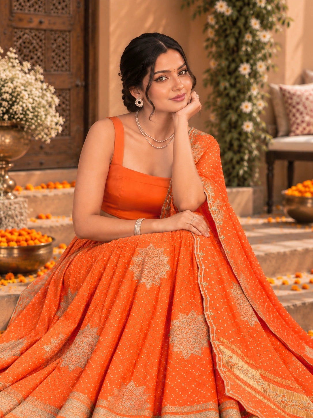 Woman wearing a vibrant rust orange embroidered lehenga choli set with a matching dupatta.