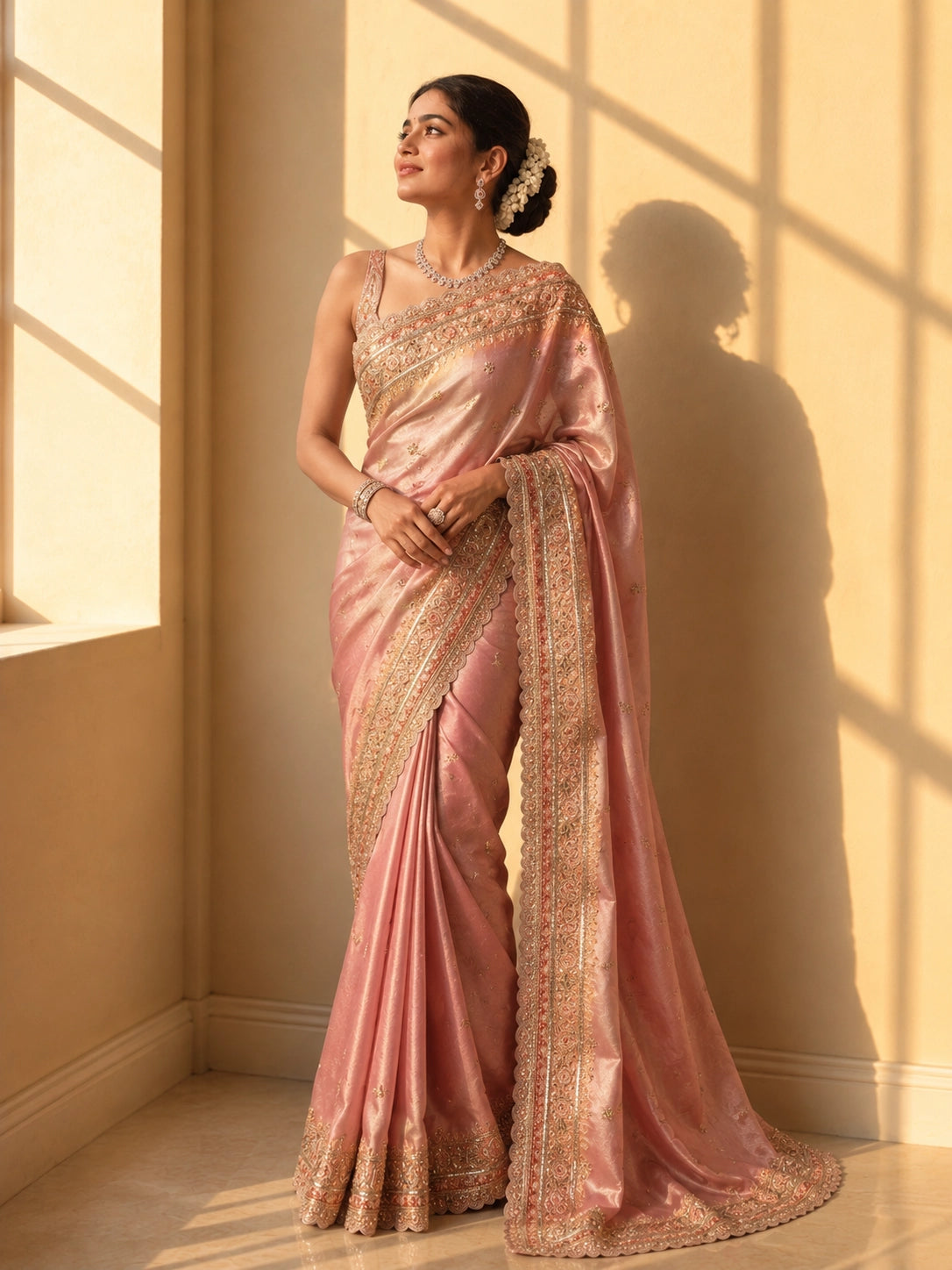 Woman elegantly draped in a shimmering onion pink saree with intricate gold embroidery.