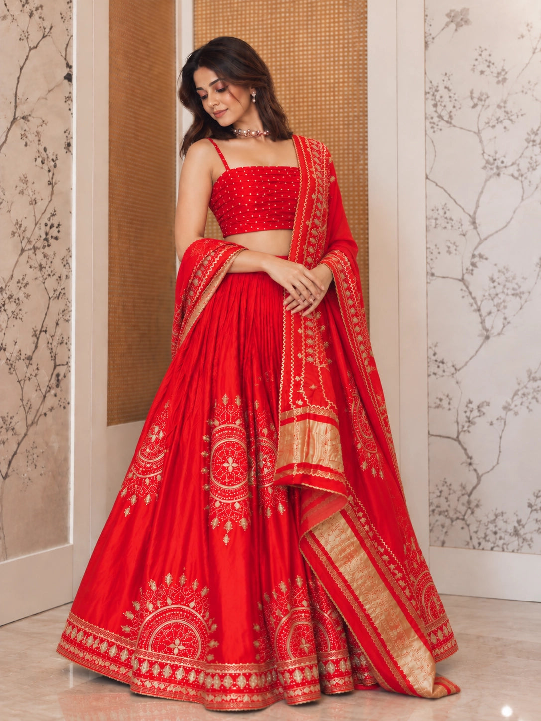 Woman in vibrant red lehenga choli with gold embroidery and matching dupatta.
