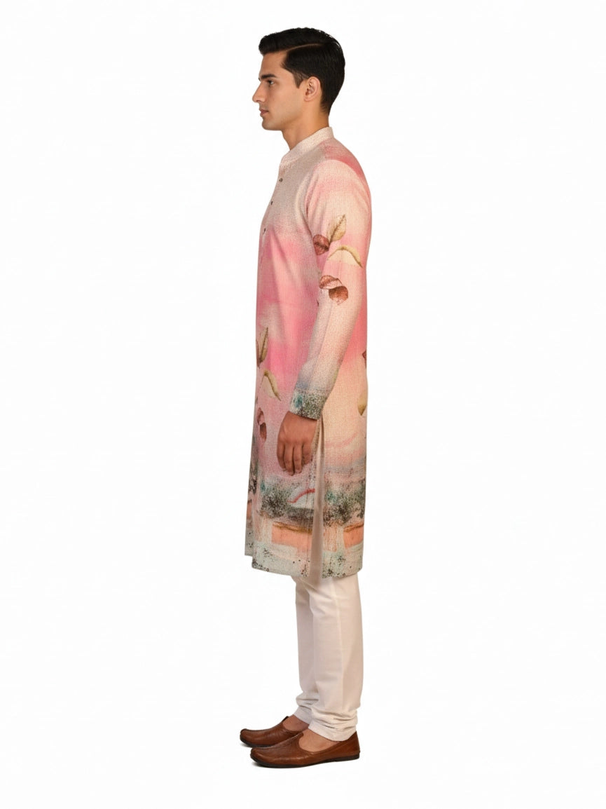 Men's multi-color Kurta Pajama with a floral print, band collar, and long sleeves, paired with cream pants.