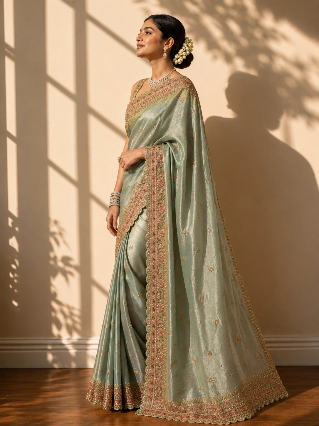 Woman in elegant pista green S3 saree with intricate gold and pink embroidery.