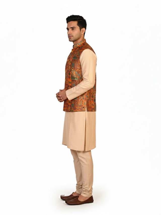 Man wearing a multi-color ethnic Nehru jacket over a cream kurta and pants, suitable for festive occasions.