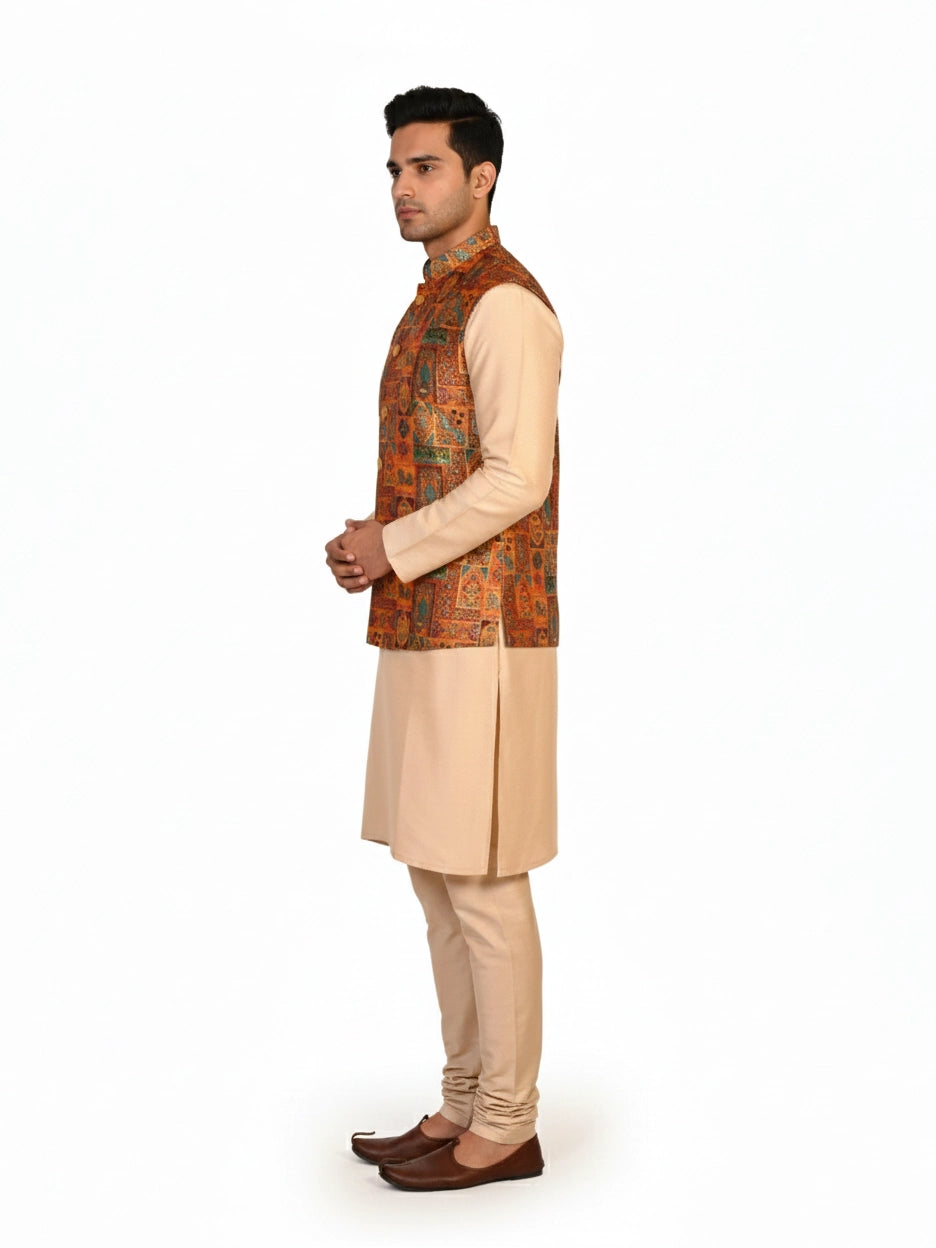 Man wearing a multi-color ethnic Nehru jacket over a cream kurta and pants, suitable for festive occasions.