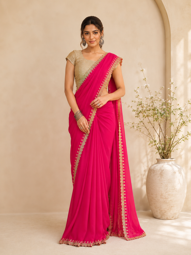 Woman wearing a vibrant rani pink saree with golden embroidered borders and a gold blouse.