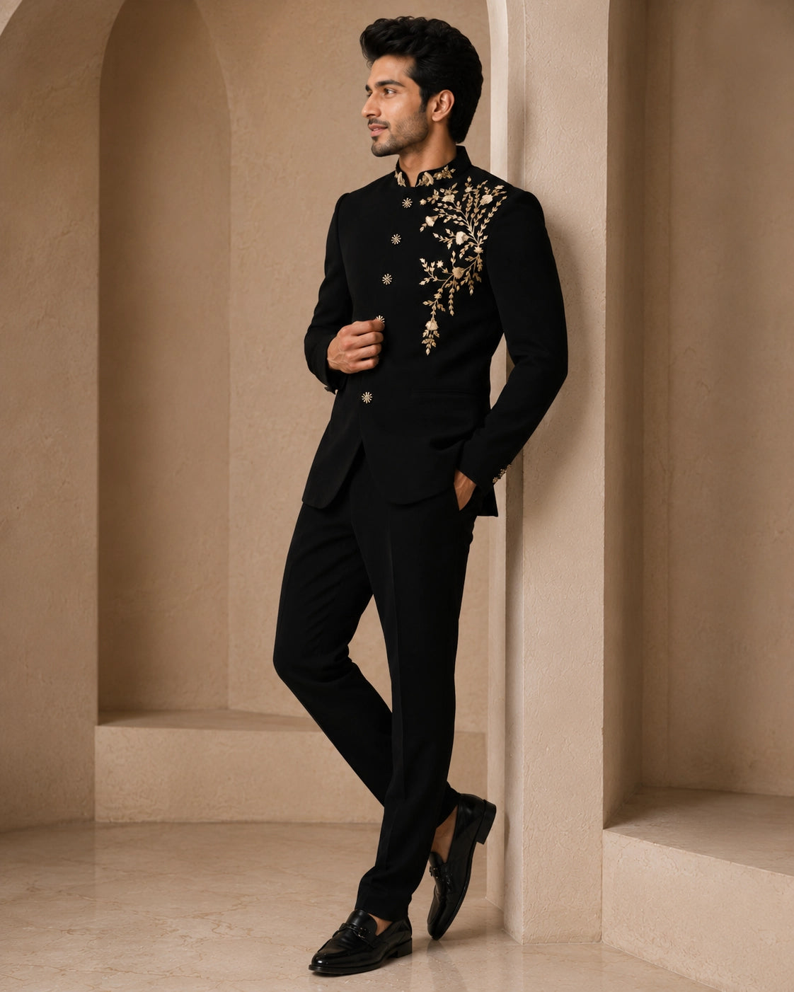 Man wearing a classic black Jodhpuri suit, a traditional Indian formal outfit.