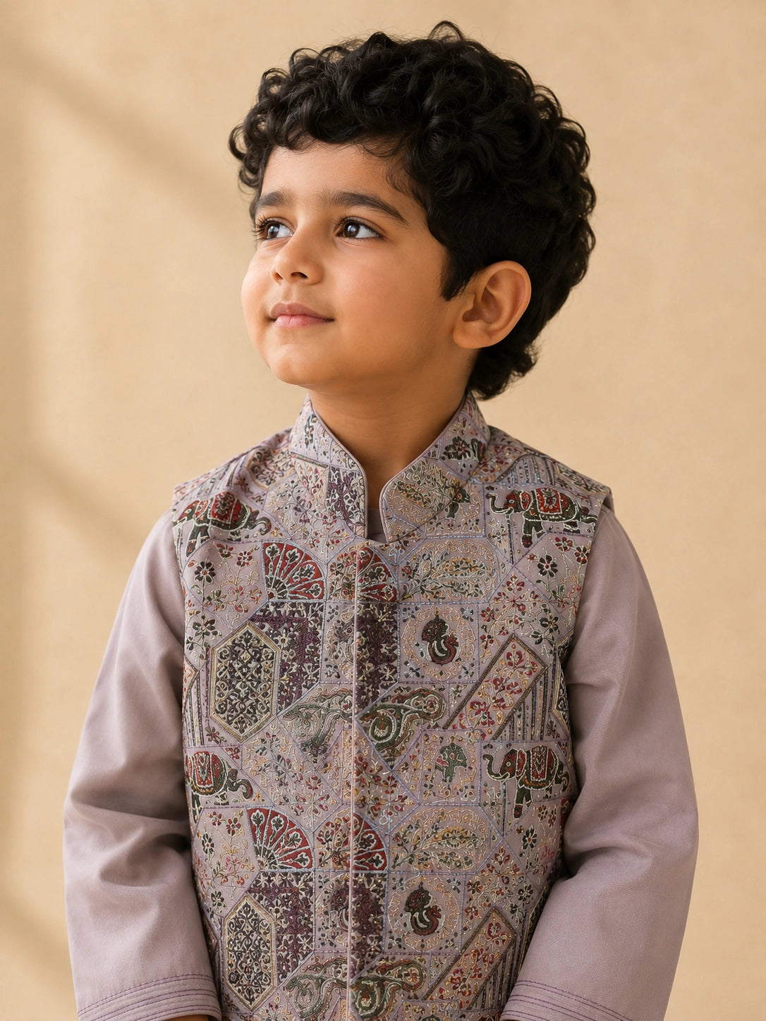 Young boy wearing a levendar kurta pajama with an intricately patterned waistcoat.