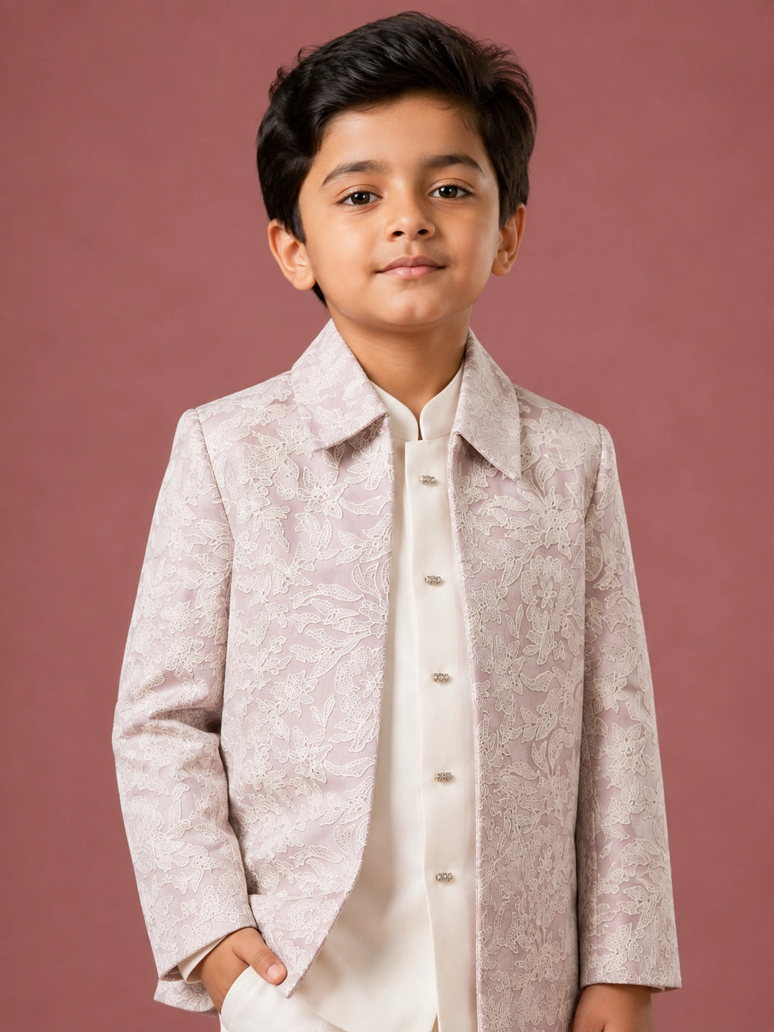 Young boy in a light pink patterned IndoWestern jacket, white kurta, and white trousers.