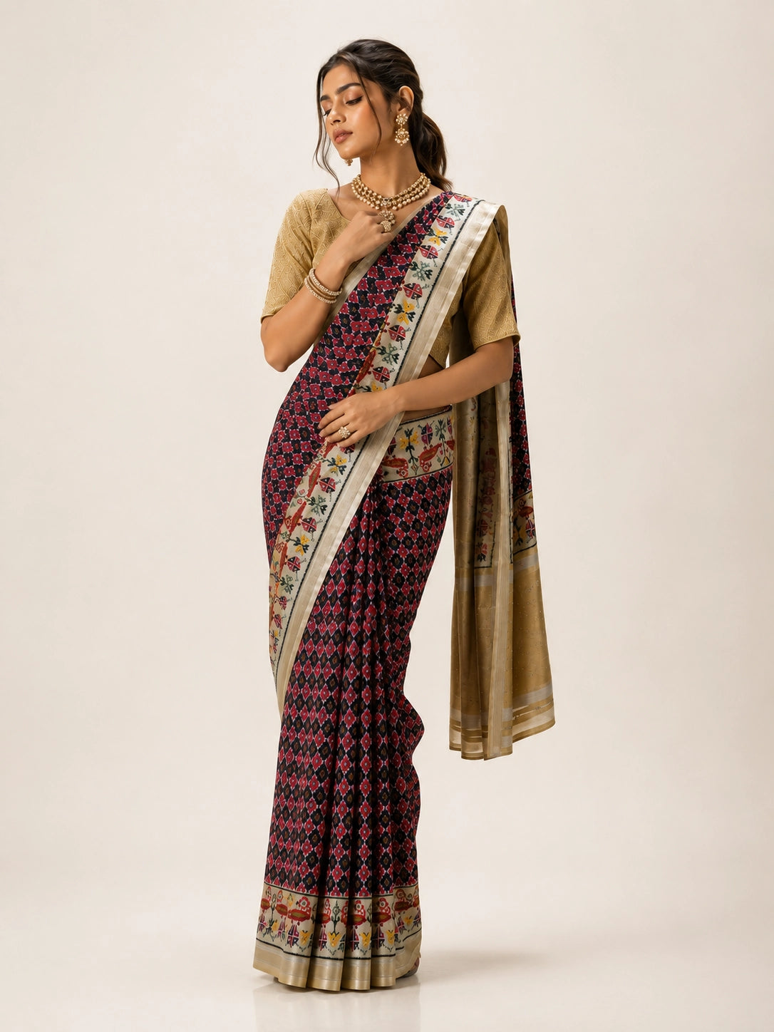 Woman wearing a purple ikat saree with a golden blouse and traditional jewelry.